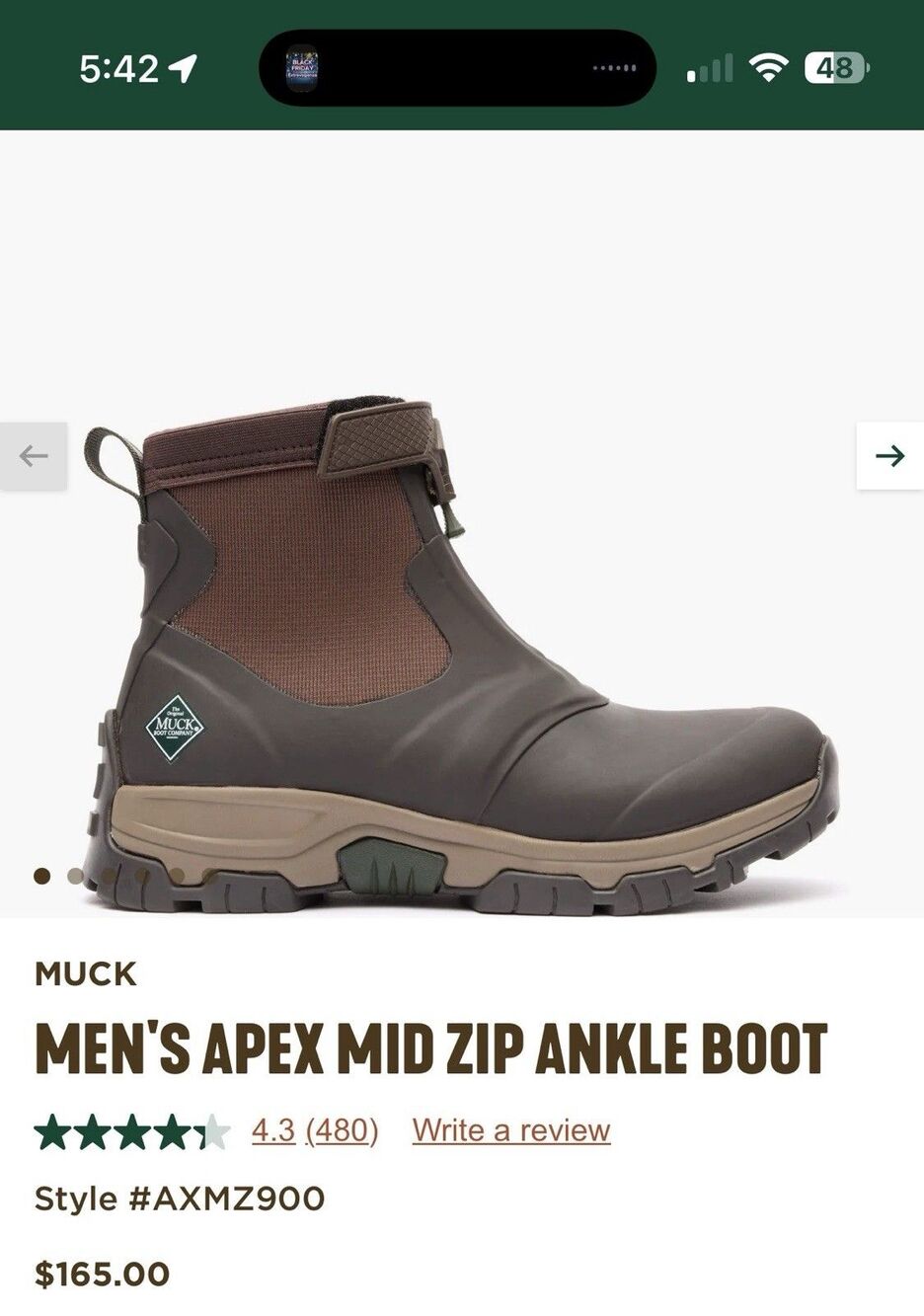 Men’s original MUCK BOOTS APEX MID ZIP ANKLE BOOT BROWN Size 13 NWT NO BOX  $165